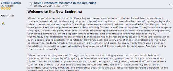 2014: Vitalik Buterin’s (forum post) announcing Ethereum